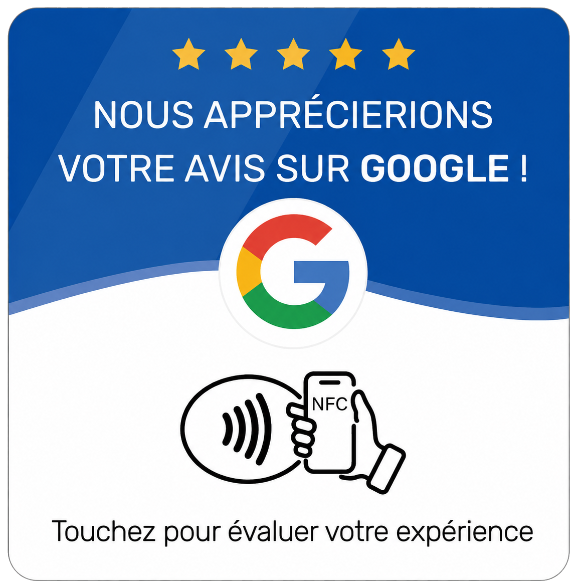 Plaque avis Google Fideleo, design bleu, avec zone NFC